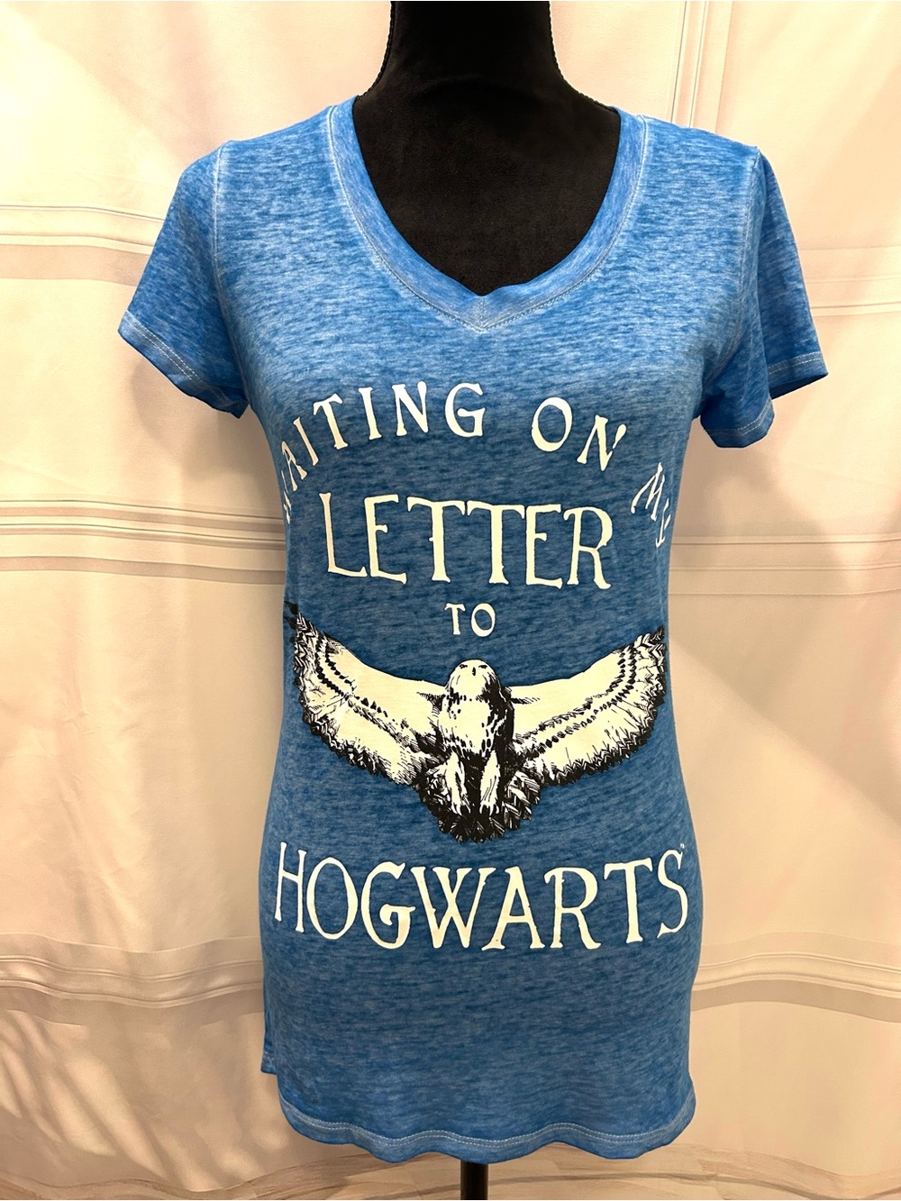 Waiting on My Letter to Hogwarts Blue V-Neck Graphic Tee Small